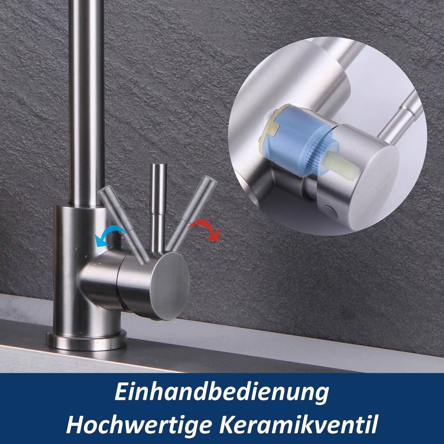 Ein moderner Küchenarmatur mit einem Hebel zur Temperaturregelung, mit einer eingelassenen Darstellung eines hochwertigen Keramikventils.