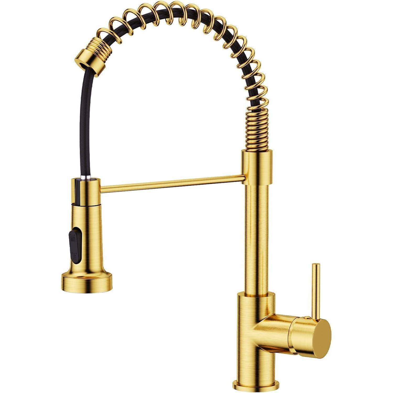 Goldene Küchenarmatur mit federndem, flexiblem Hals und einem Einhebel für die Regulierung von Wassermenge und -temperatur.