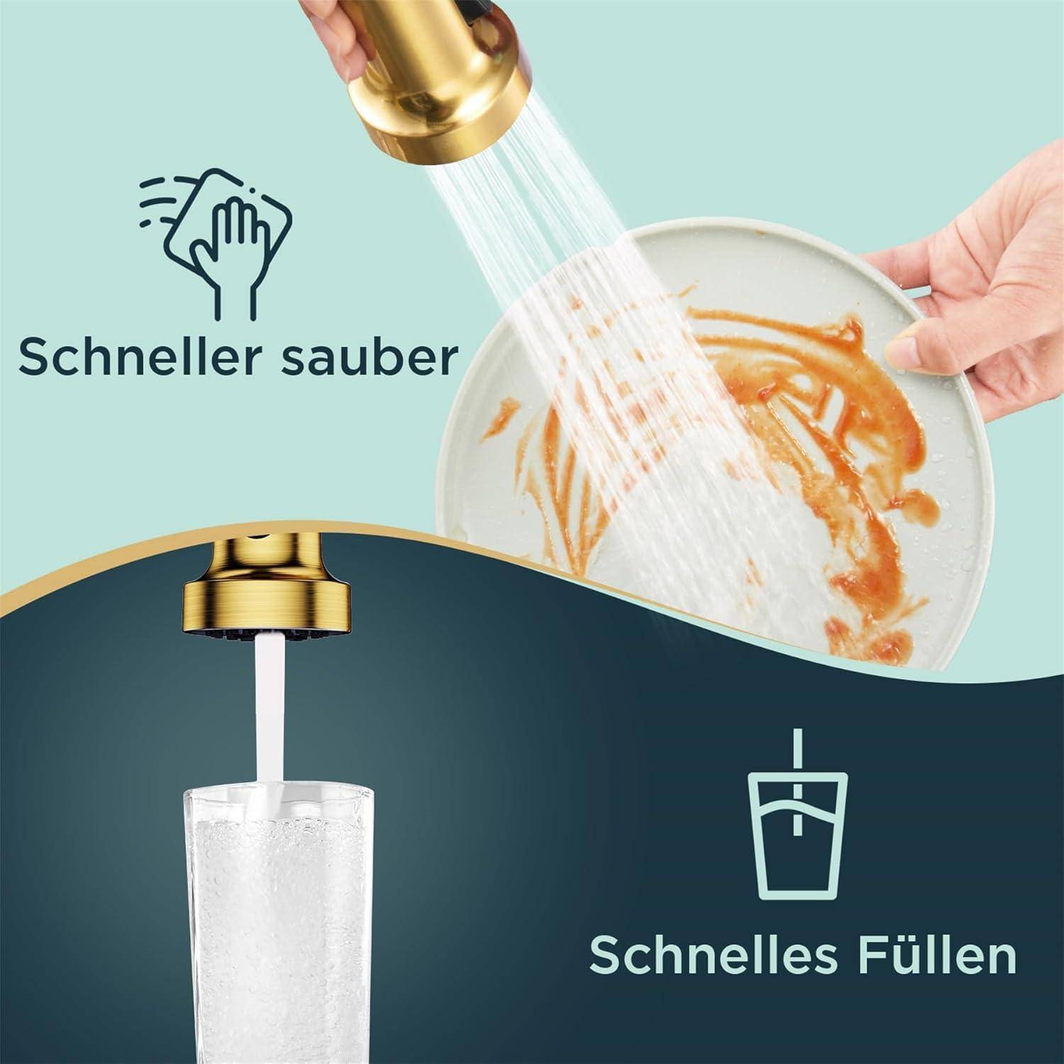 Eine Hand benutzt einen Küchenhahn, um einen verschmutzten Teller mit einem kraftvollen Wasserstrahl zu reinigen. Darunter wird ein Glas unter dem Wasserhahn schnell mit Wasser gefüllt. Text lautet: 'Schneller sauber' und 'Schnelles Füllen'.