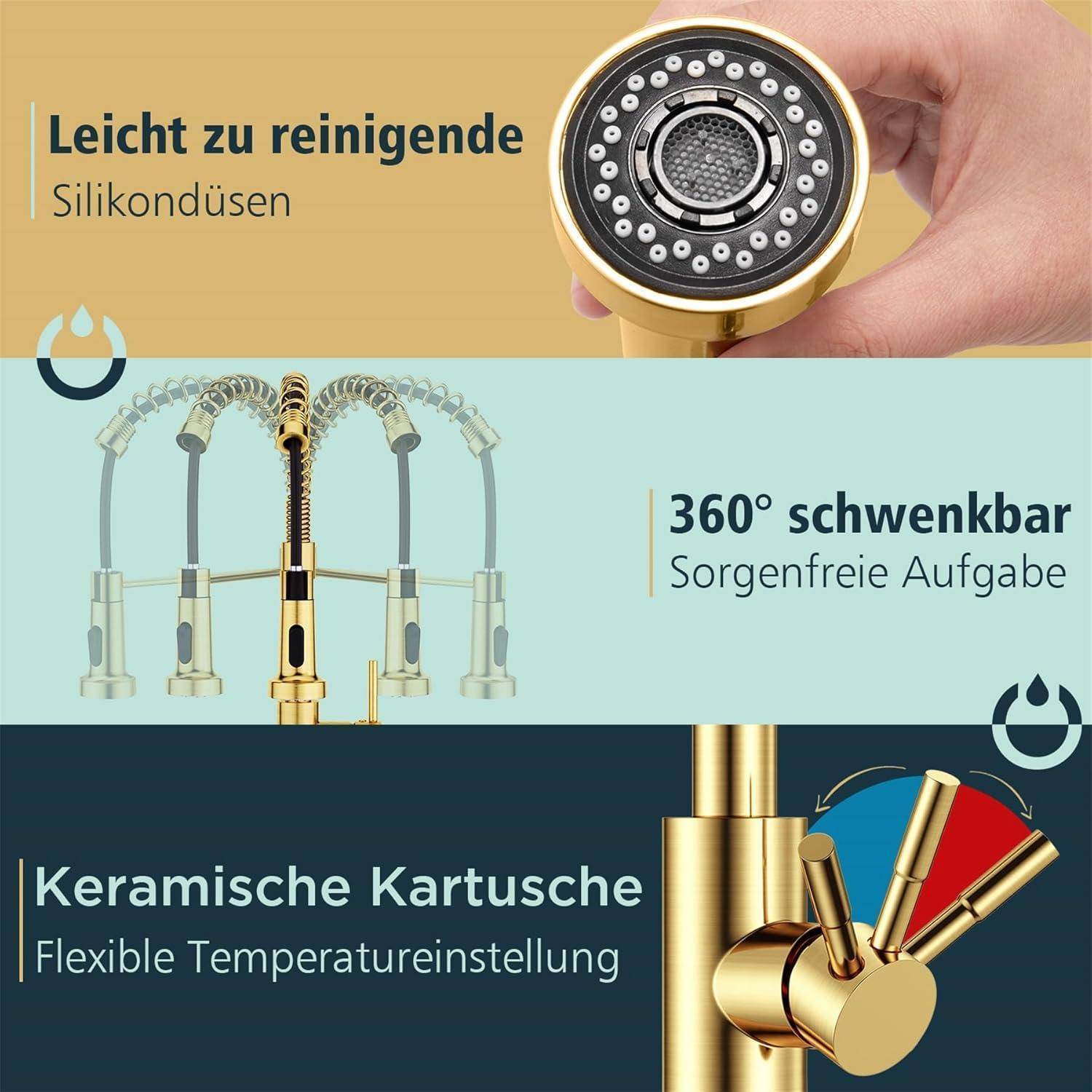Leicht zu reinigende Silikondüsen zeigt eine Wasserhahn-Düse. 360° schwenkbar hebt die Schwenkfunktion des Wasserhahns hervor. Keramische Kartusche stellt die interne Temperaturregelung dar.