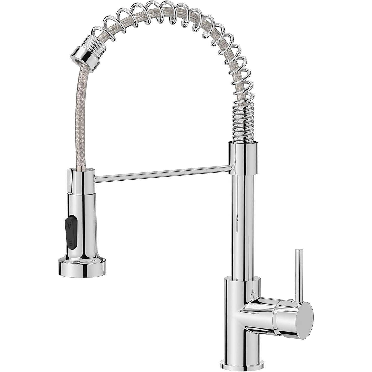 Ein schlanker, moderner Küchenarmatur mit hohem Bogen und flexiblem, federartigem Auslauf. Ausgestattet mit Chrom-Finish und einem einzelnen Hebel zur Wassersteuerung.