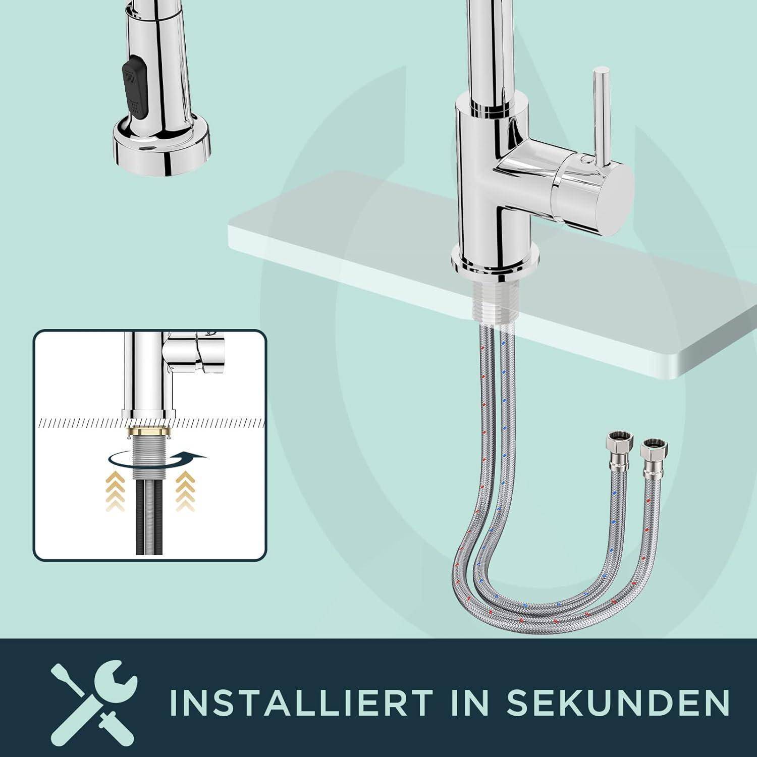 Illustration zur Wasserhahn-Installation mit einem eleganten Küchenhahn mit flexiblen Schläuchen und einer Detailansicht der Installationsschritte. Text lautet: 