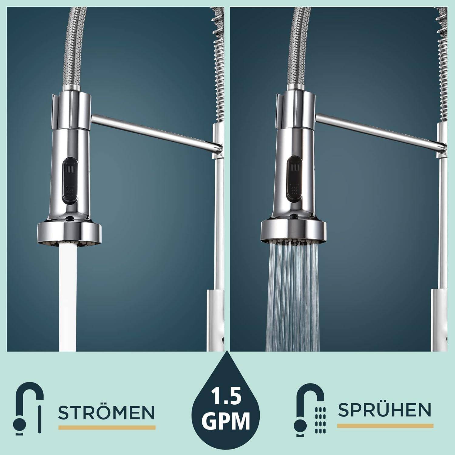 Wasserhahn im Strahl- und Sprühmodus, 1,5 GPM Durchflussrate, abgebildet in zwei nebeneinander liegenden Bildern.