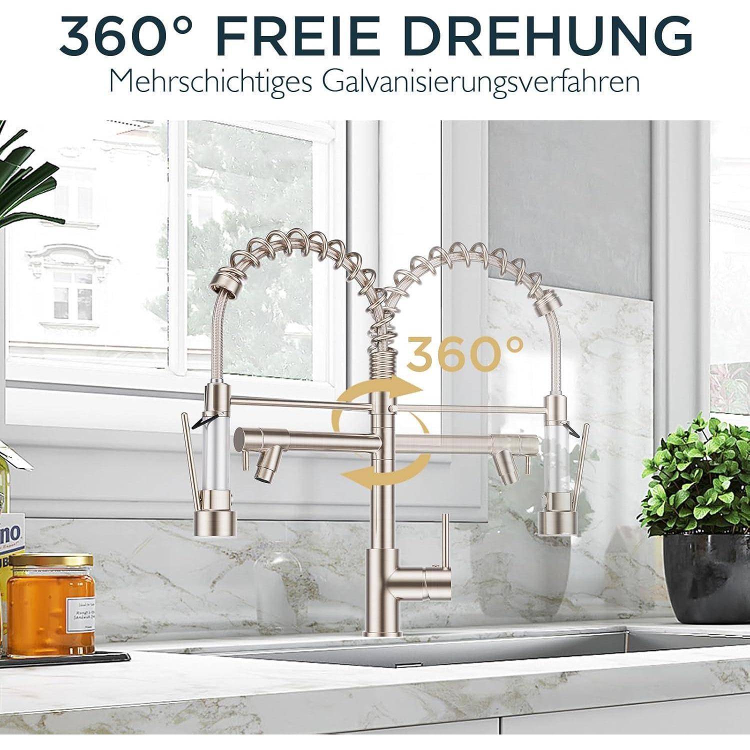 Wasserhahn Küche Schwarz Edelstahl 360° Schwenkbarkeit Doppelspray