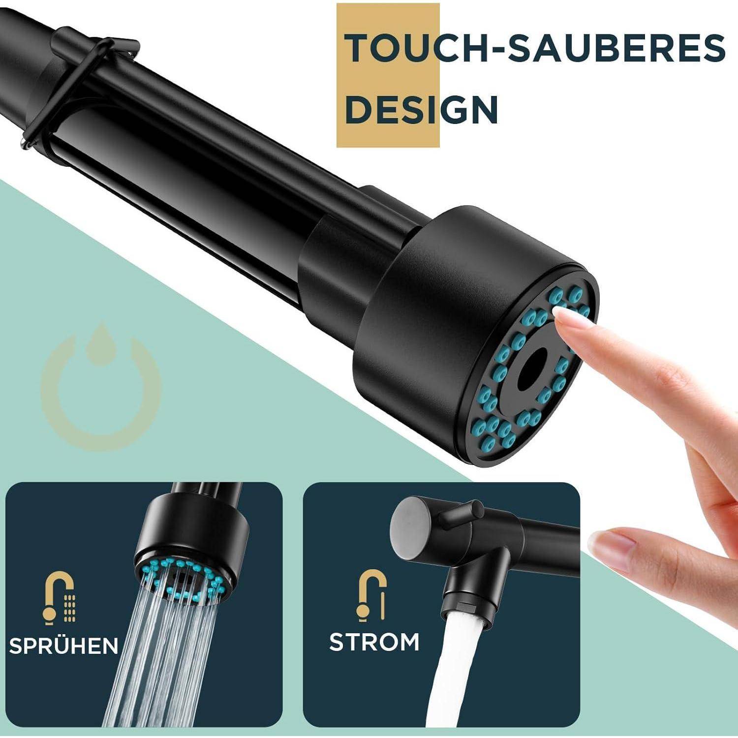Sprühkopf mit 'Touch-clean Design' Beschriftung. Bietet zwei Modi: Sprühen und Strom. Hand, die den Sprüher berührt.