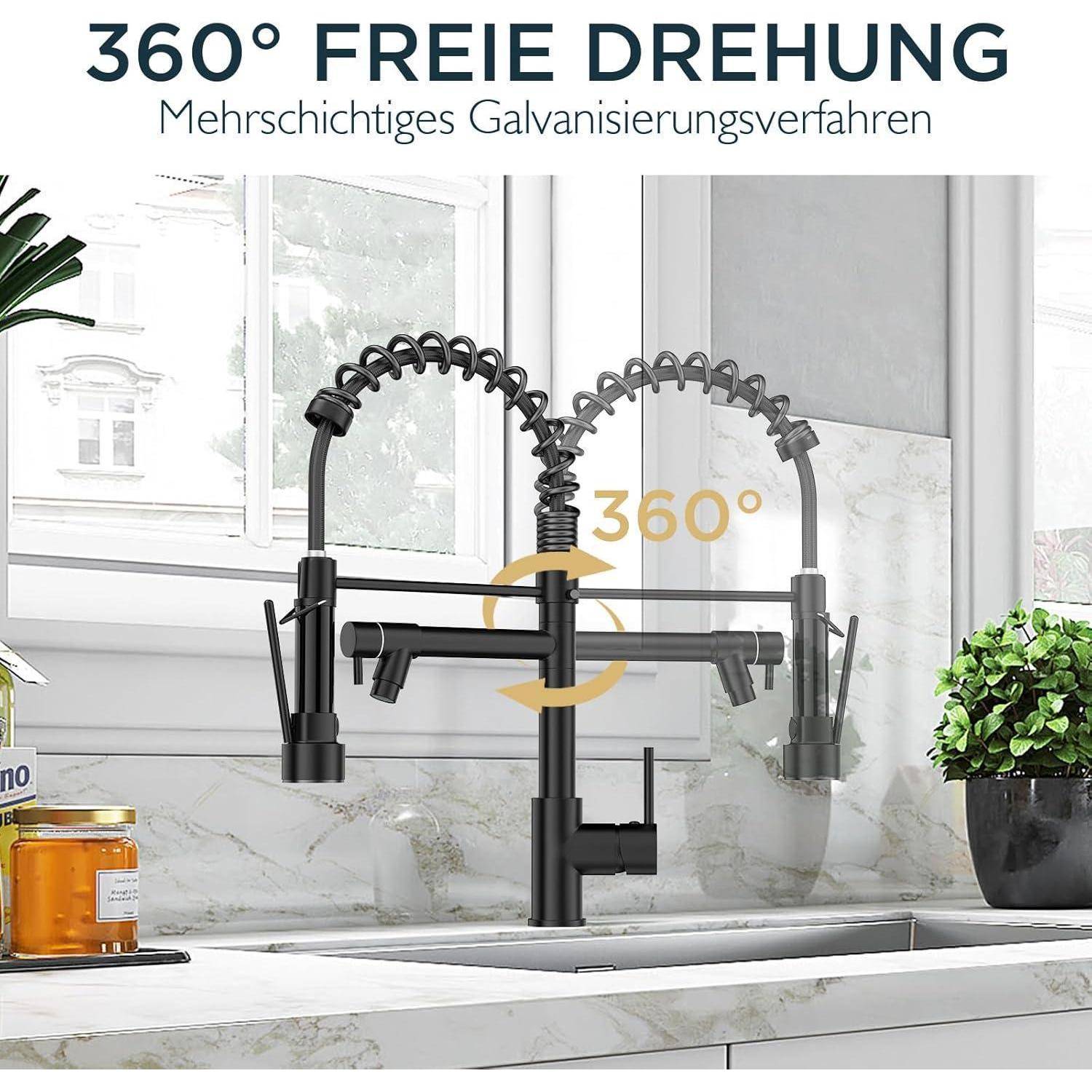 Ein moderner Wasserhahn mit flexiblem Auslauf ist zu sehen, der eine 360-Grad-Rotationsfähigkeit demonstriert. Eine helle Küchenumgebung.