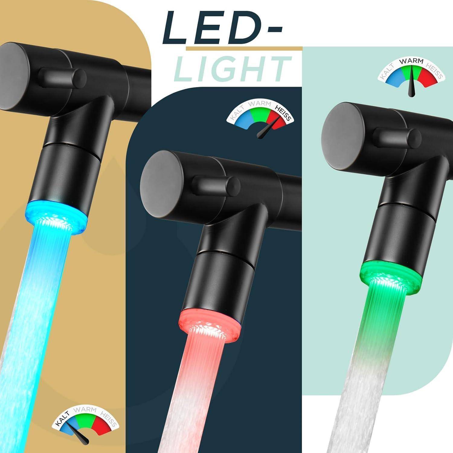 LED-Wasserhahnarmaturen, die die Wassertemperatur mit Blau für kalt, Rot für heiß und Grün für warm anzeigen