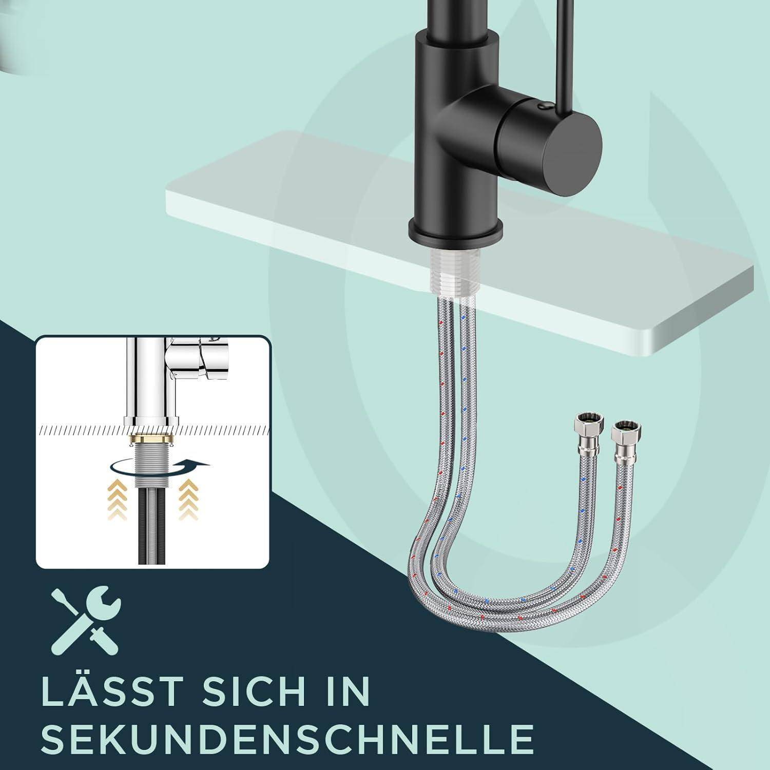 Ein Diagramm, das einen schwarzen Wasserhahn zeigt, der auf einer Arbeitsplatte installiert wird, begleitet von deutschem Text 