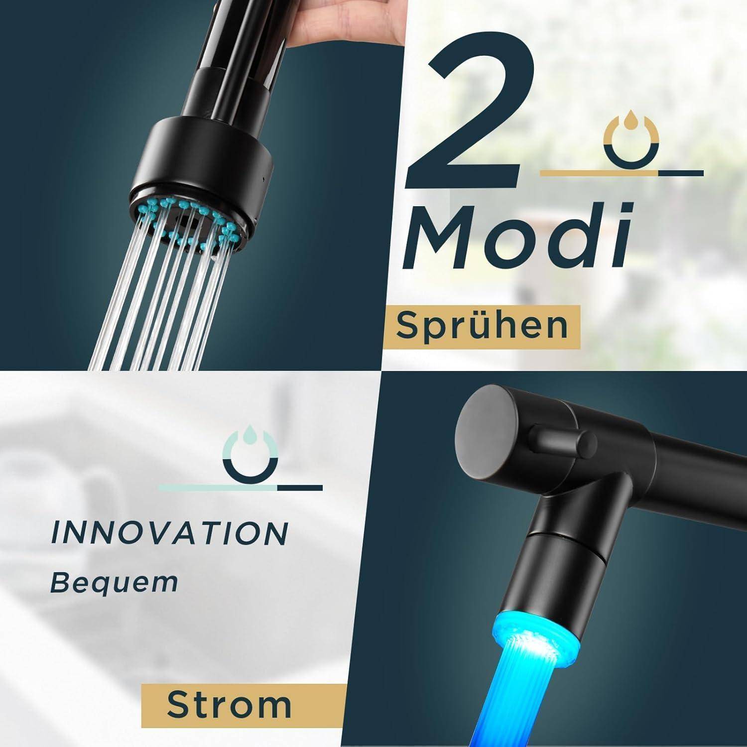 Das Bild zeigt einen modernen Wasserhahn mit zwei Modi: ‚Sprühen' und ‚Strahl'. Es betont Innovation, Komfort und blaue Beleuchtung für bessere Sichtbarkeit.