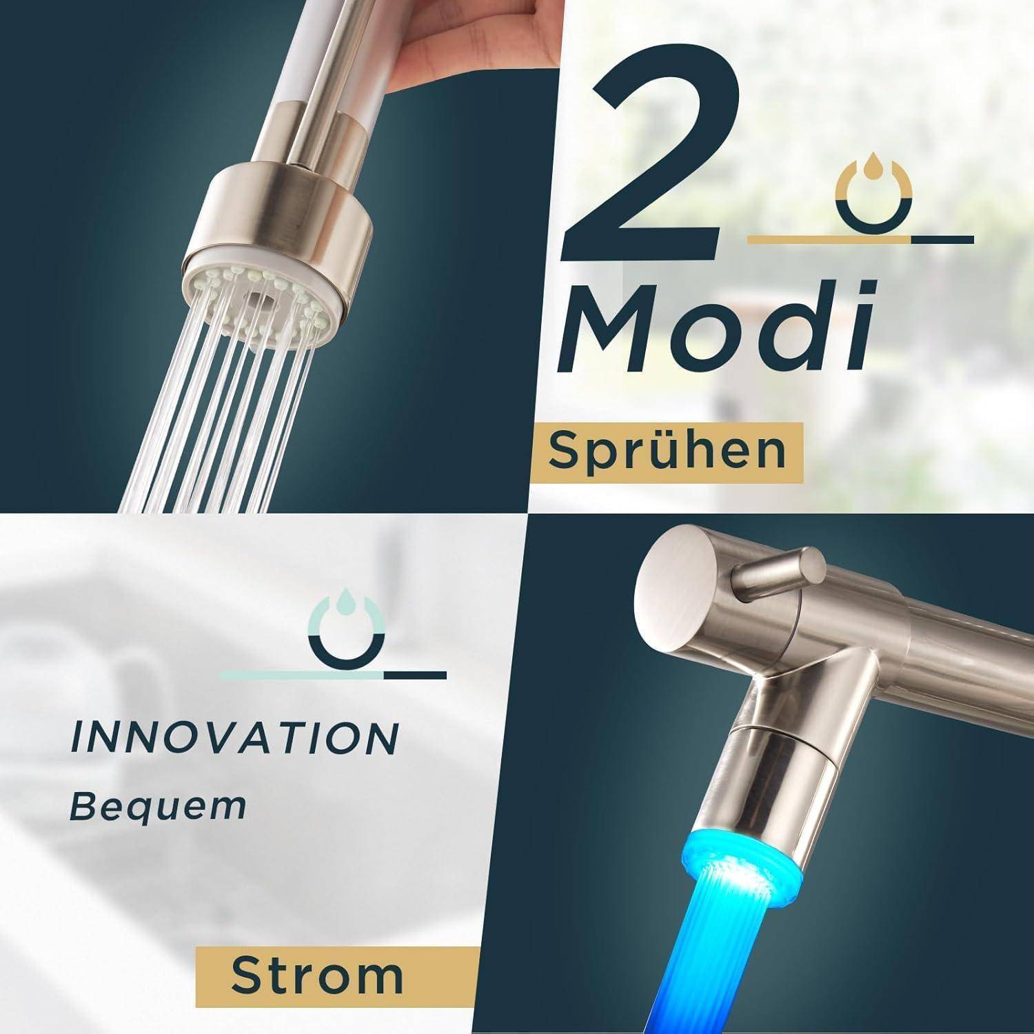 Eine Hand hält einen Zwei-Modus-Wasserhahn mit den Anzeigen ‚Sprühen' und ‚Strom', wobei der ‚INNOVATION Bequem'-Text die modernen Funktionen hervorhebt.