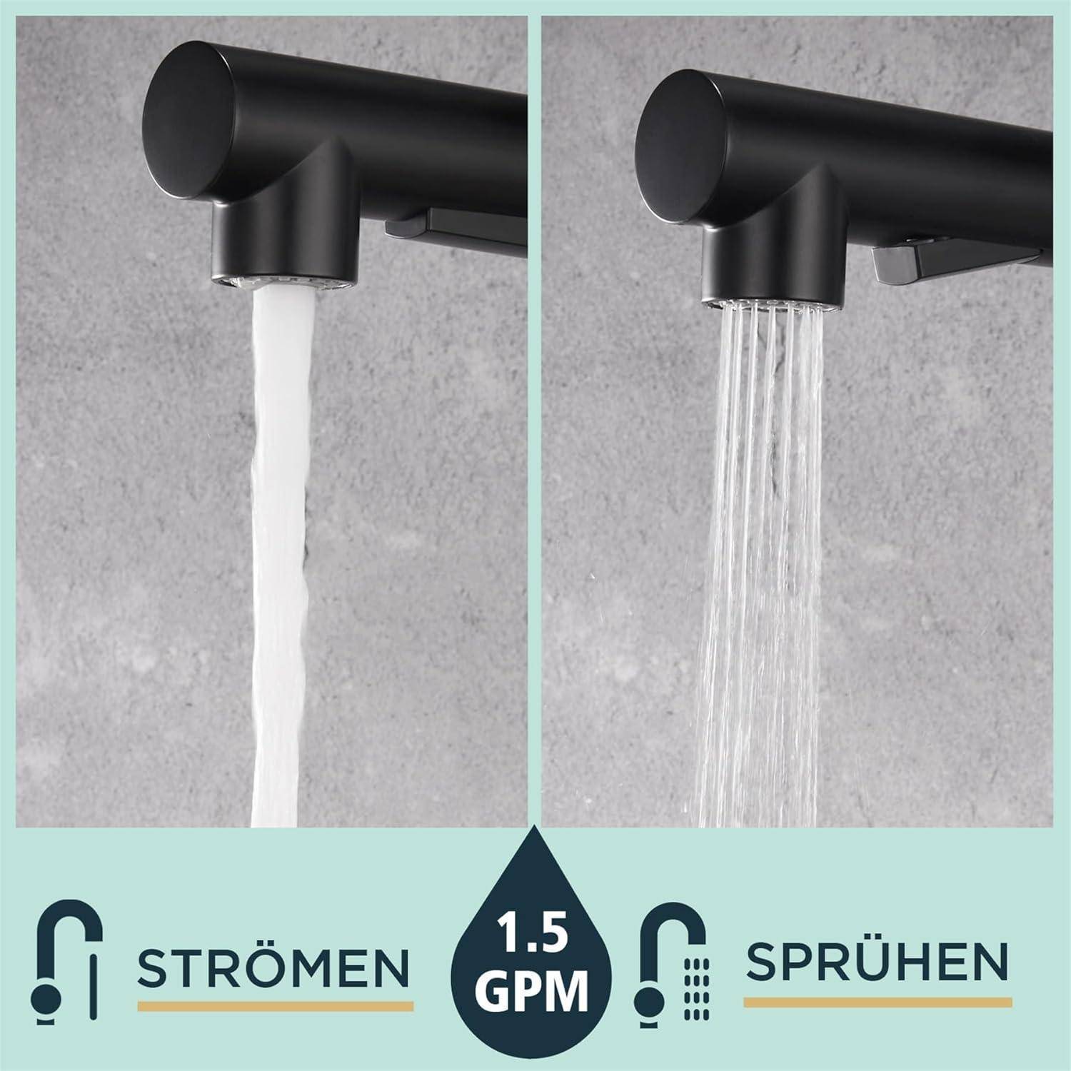‚Strömen' zeigt einen konzentrierten Wasserstrahl; ‚Sprühen' zeigt einen verteilten Sprühnebel. Beide veranschaulichen Flussvarianten bei 1,5 Gallonen pro Minute.