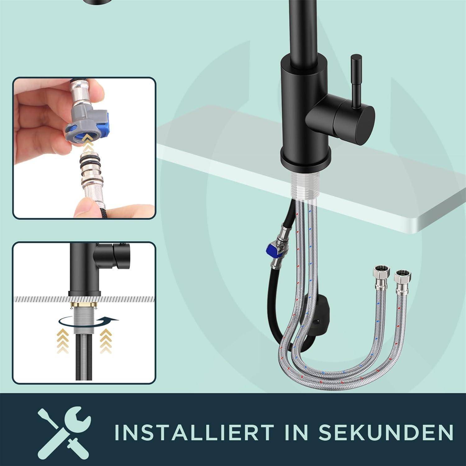 Küchenarmatur mit Schnellverbindungssystem, schwarz, in Sekunden installiert, dargestellt mit Anschlüssen und Installationsschritten in drei Panels.