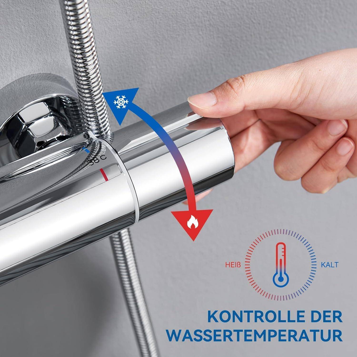 Hand, die einen Chrom-Duscharmatur-Griff einstellt, mit blauen und roten Pfeilen zur Temperaturregelung. Text lautet 'Kontrolle der Wassertemperatur'.