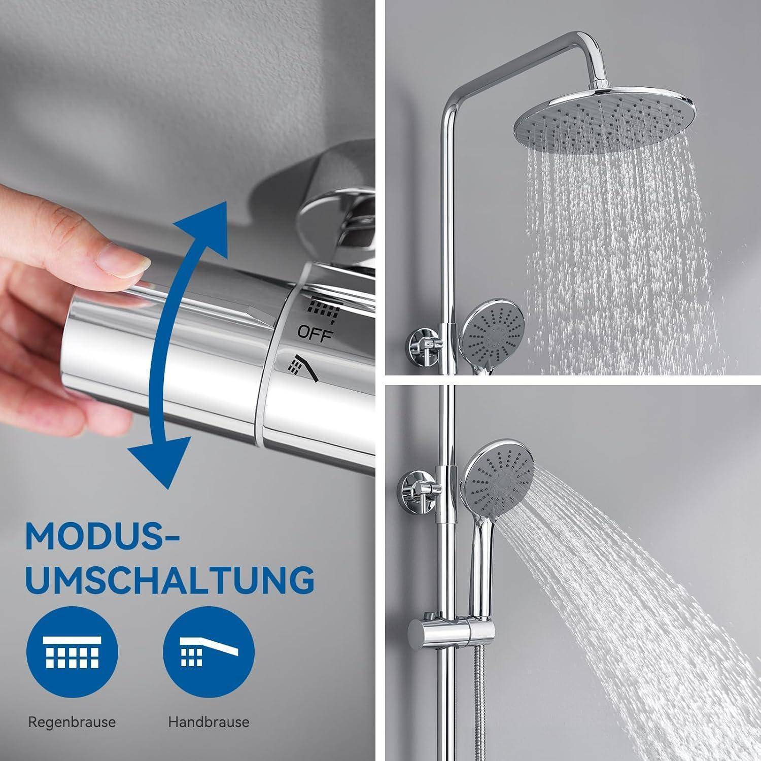 Eine Hand dreht eine Duschsteuerung, die mit 