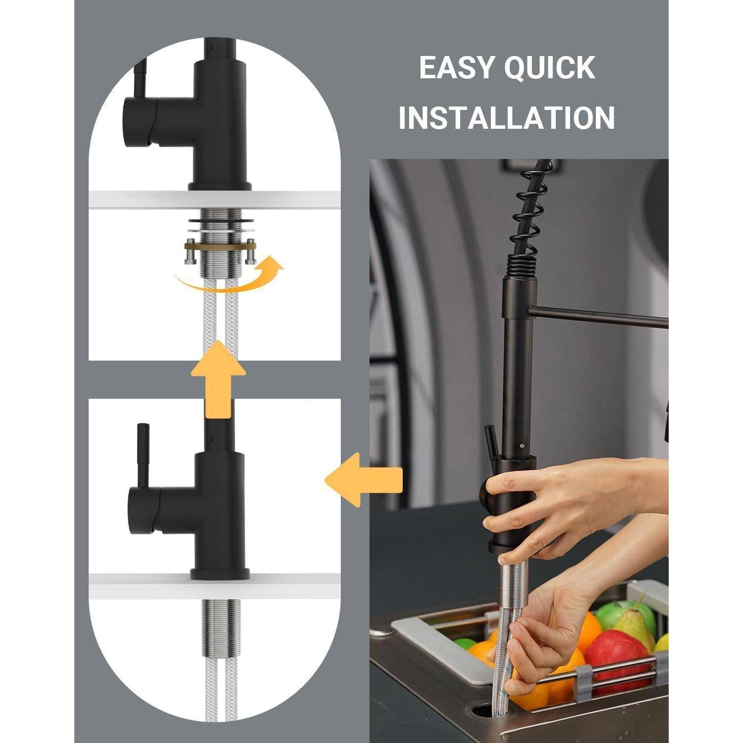 Einfache und schnelle Installation des schwarzen Küchenarmaturs, mit Schritt-für-Schritt-Diagramm zur Befestigung der Armatur unter der Spüle.