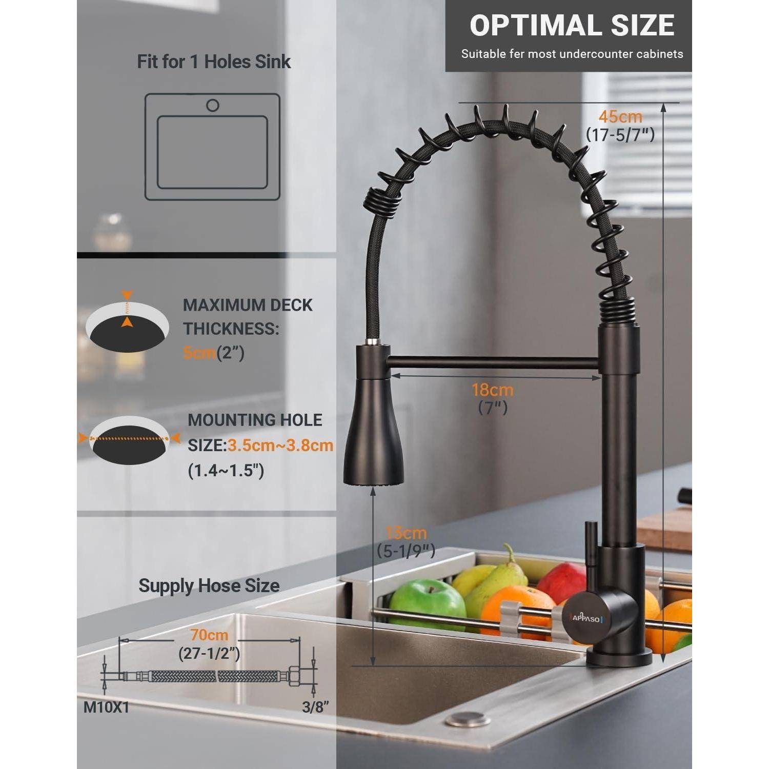 Optimale Größe: Geeignet für die meisten Unterschrankküchenzeilen. Passend für Einlochspülen. Auslaufhöhe 46 cm, Reichweite 18 cm. Maximale Arbeitsplattendicke 5 cm.