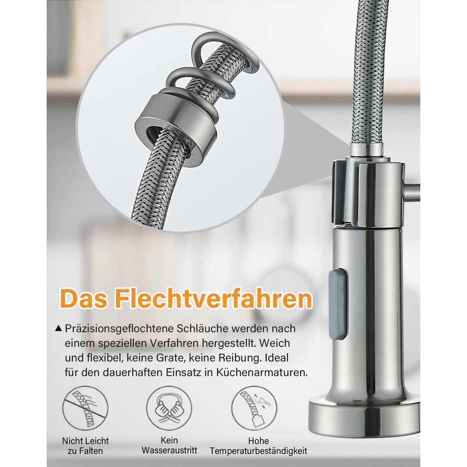 Eine Nahaufnahme eines Metallküchenhahns, der das Flechtverfahren veranschaulicht. Es zeigt präzise geflochtene Schläuche mit Vorteilen wie Flexibilität und Haltbarkeit.