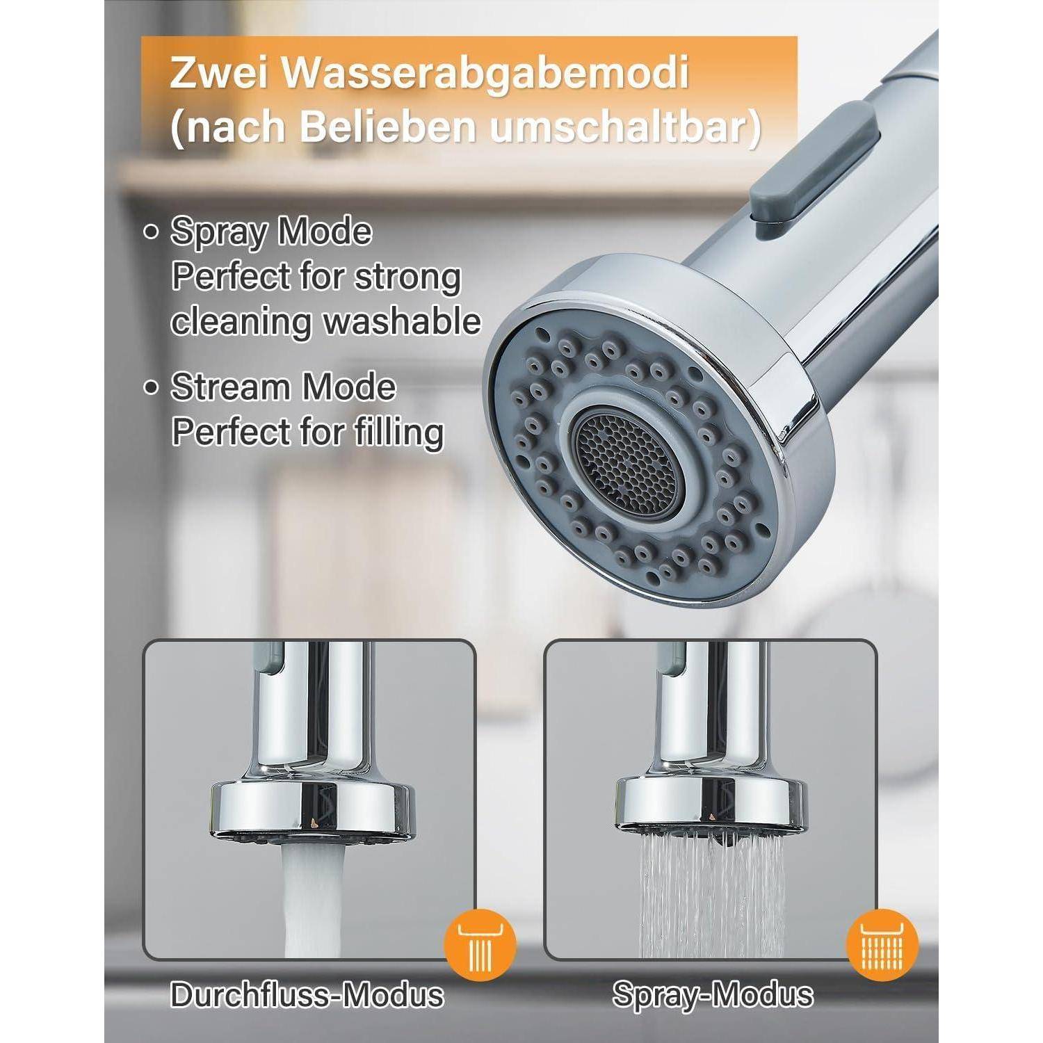 Ein Küchenarmatur mit zwei Modi: ‚Sprühmodus' zum Waschen und ‚Strömungsmodus' zum Füllen. Bilder zeigen den Wasserfluss in jedem Modus.