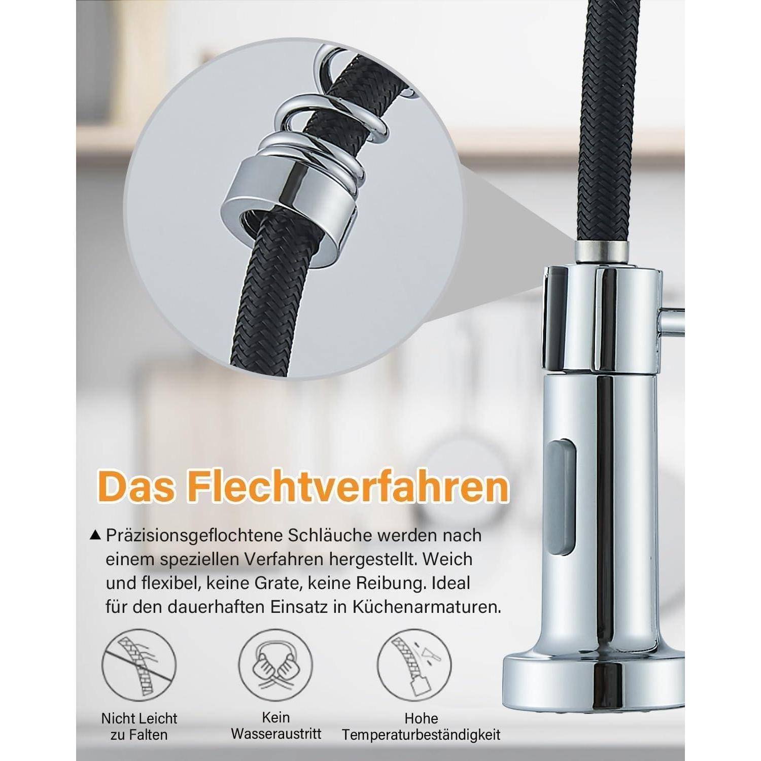 Das Flechtverfahren ermöglicht die Herstellung eines äußerst flexiblen und langlebigen Schlauchs, der perfekt für den Einsatz in der Küche geeignet ist. Durch die spezielle Verflechtungstechnik entsteht ein robustes Produkt, das sowohl biegsam als auch widerstandsfähig ist. Die Nahaufnahme zeigt einen geflochtenen Schlauch, der nahtlos an einen Wasserhahn angeschlossen ist und die hervorragenden Eigenschaften dieser innovativen Fertigungsmethode verdeutlicht. Der Schlauch bietet maximale Bewegungsfreiheit und kann problemlos verschiedene Winkel und Positionen einnehmen, was ihn zu einer praktischen Lösung für vielseitige Küchenanwendungen macht.