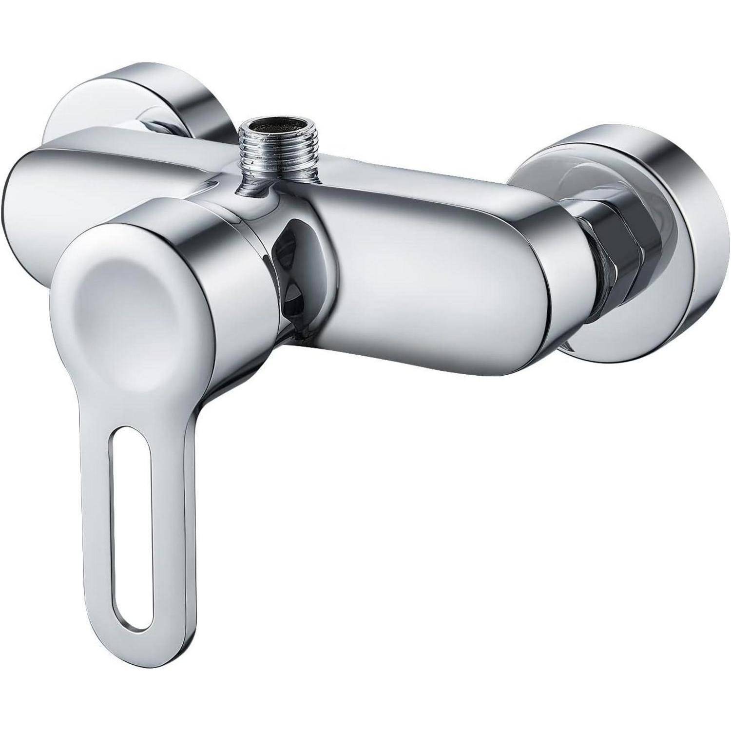 Ein Duscharmatur aus Metall mit einem eleganten, modernen Design. Sie verfügt über einen einzelnen Hebel zur Regulierung von Wassertemperatur und Wassermenge.