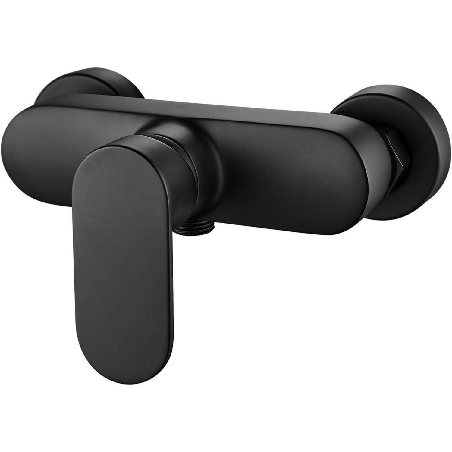 Eine matte schwarze Wandbrause mit einem schlichten, modernen Design, ausgestattet mit einem geraden Hebel zur Regulierung von Wassermenge und -temperatur.