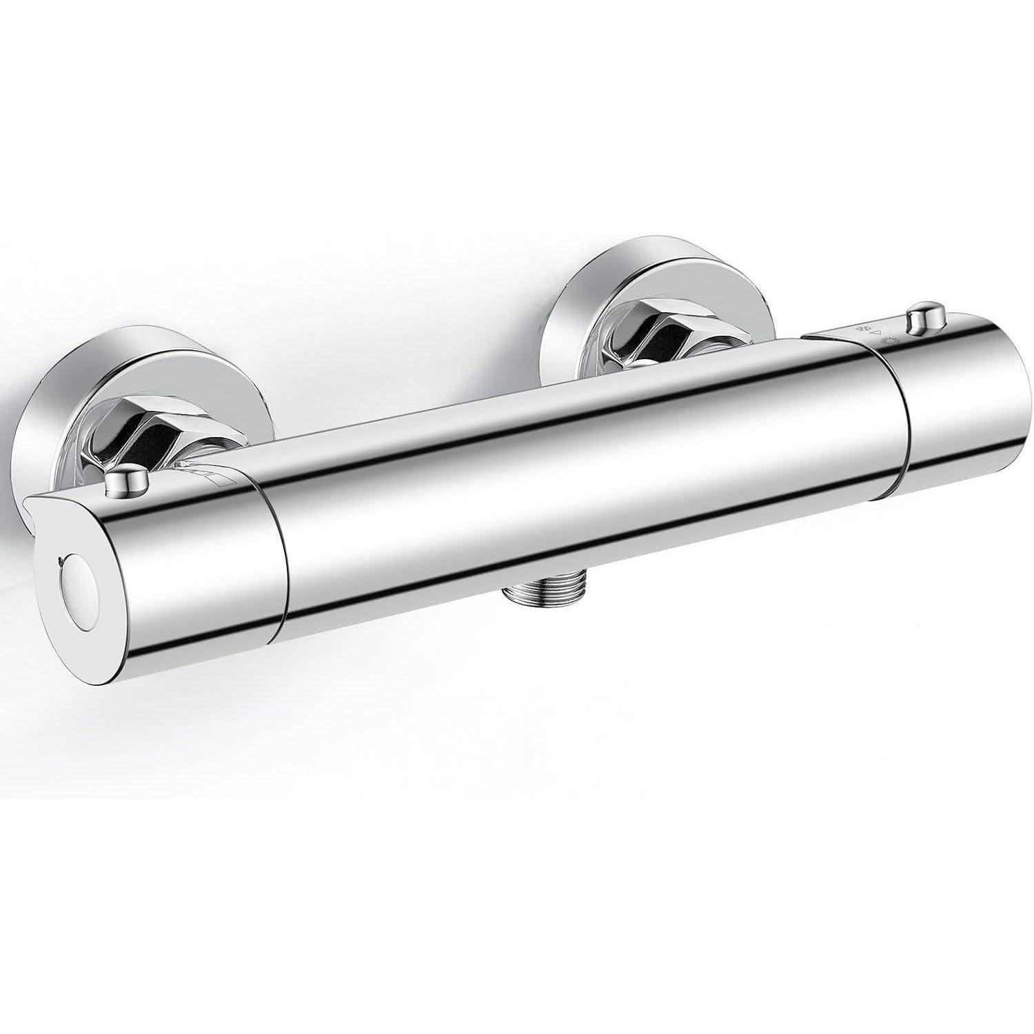 Ein schlankes, verchromtes Wand-Duschventil mit abgerundeten Enden und zentralem Wasserauslass, konzipiert für moderne Badezimmerumgebungen.