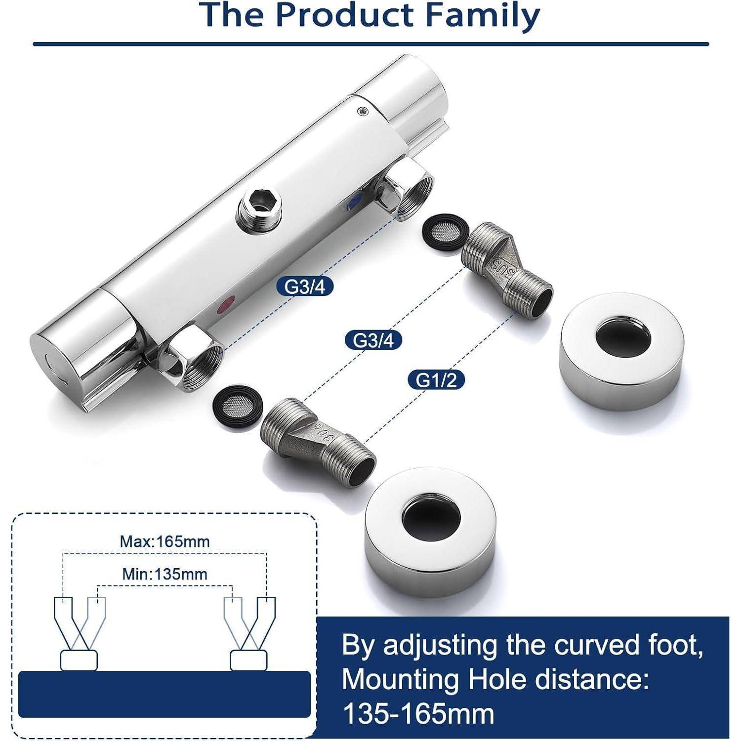 Duscharmatur mit verstellbarer Montagedistanz (135-165 mm), Anschlüsse G3/4 und G1/2. Inklusive Teile: Unterlegscheiben, Adapter, Abdeckungen.