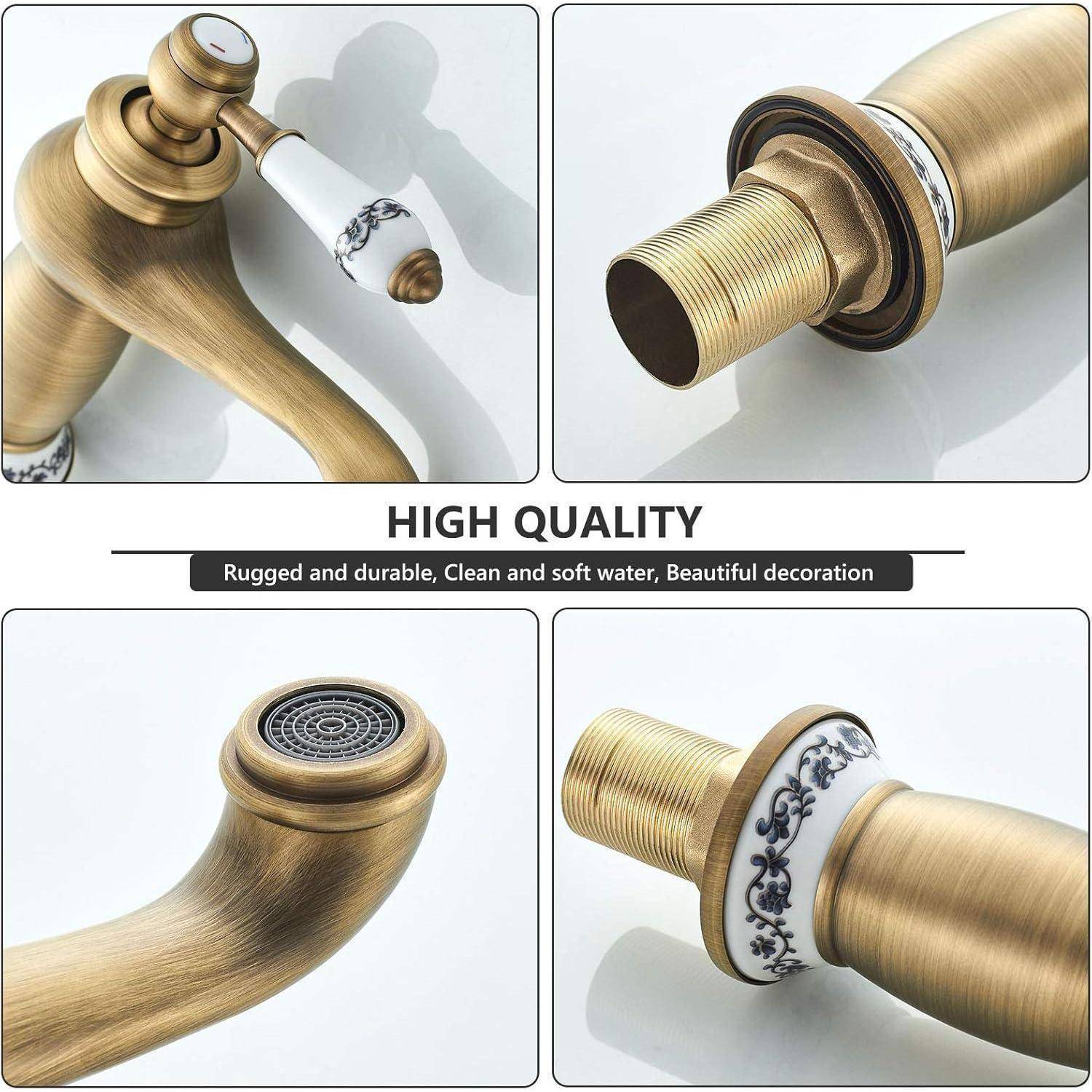 Vier Bilder eines Wasserhahns im Vintage-Stil mit aufwendigen Details und dem Text 