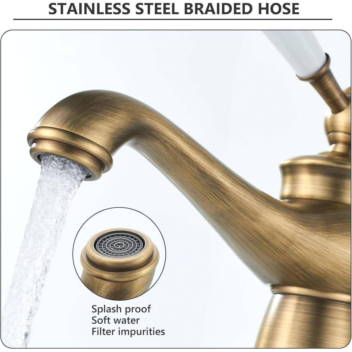 Ein bronzefarbener Küchenarmatur mit fließendem Wasser. Einblendung zeigt einen spritzwassergeschützten Strahlregler, sanften Wasserfluss und Filtermerkmale zur Reinigung von Verunreinigungen.