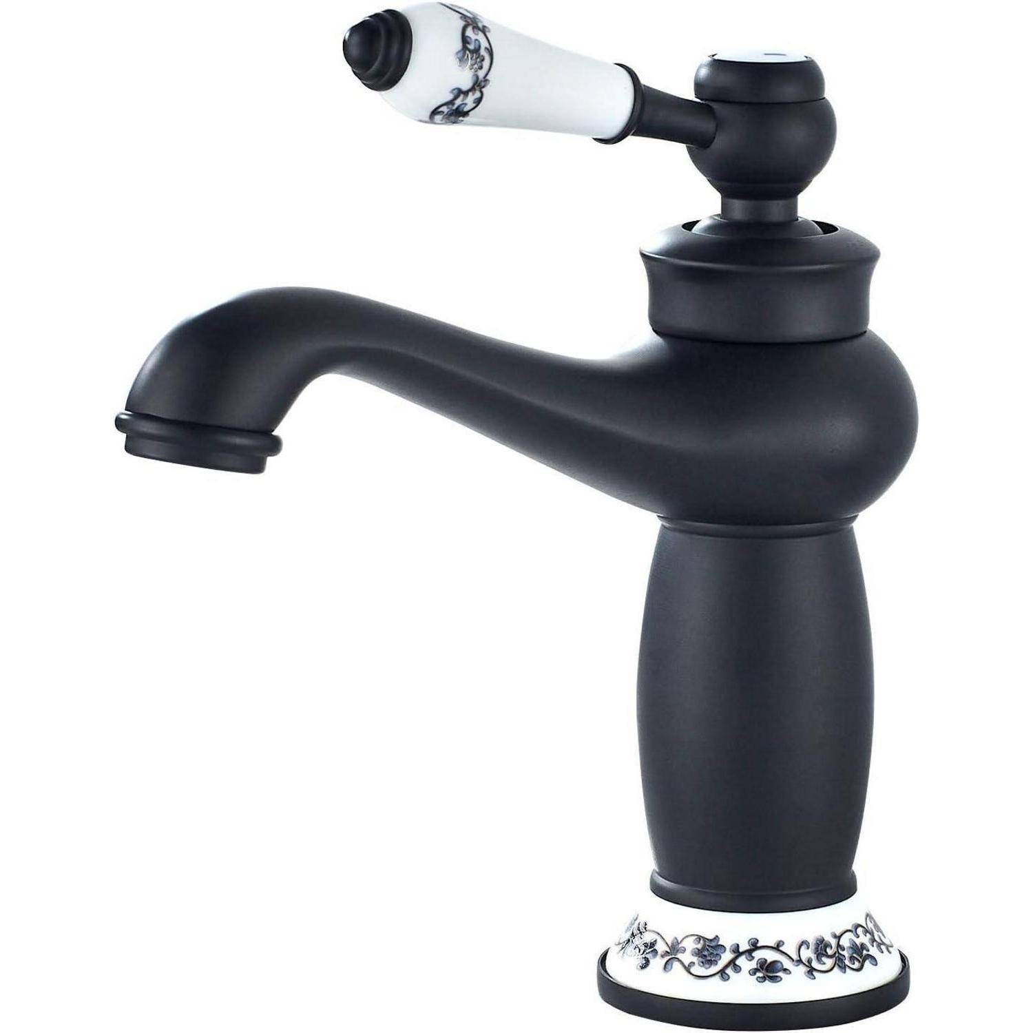 Eine Wasserhahn im Vintage-Stil in Schwarz mit einem weißen Griff, der mit kunstvollen schwarzen Designs versehen ist, was auf eine elegante Badezimmerarmatur hindeutet.