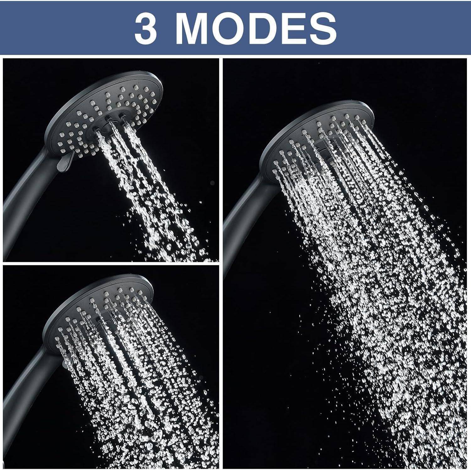 Duschkopf mit drei Modi, in separaten Rahmen dargestellt. Oben links: konzentrierter Strahl; unten links: gemischter Strahl; rechts: Vollstrahl.