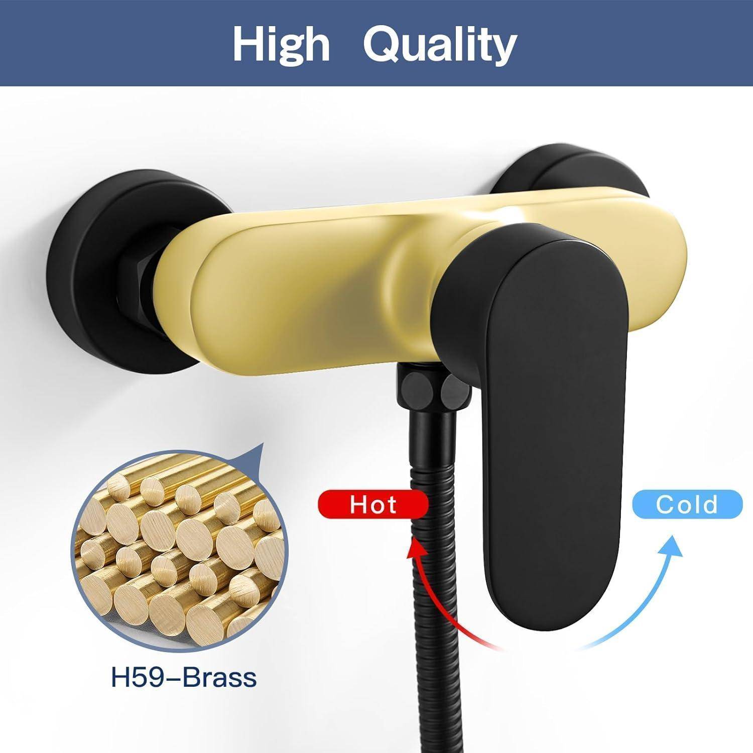 Hochwertige Messingarmatur mit Hebel-Griff an Wandmontage, gekennzeichnet mit 'Heiß' und 'Kalt'. Einschub zeigt H59 Messingsstangen.