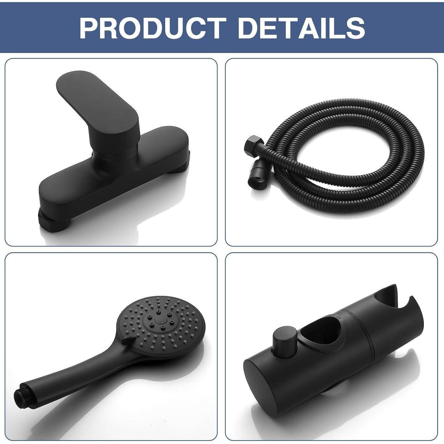 Vier Bilder von schwarzen matten Badezimmerarmaturen: ein Wasserhahn, ein Flexschlauch, eine Duschbrause und ein Wandmontiertes Duschventil, mit der Beschriftung 