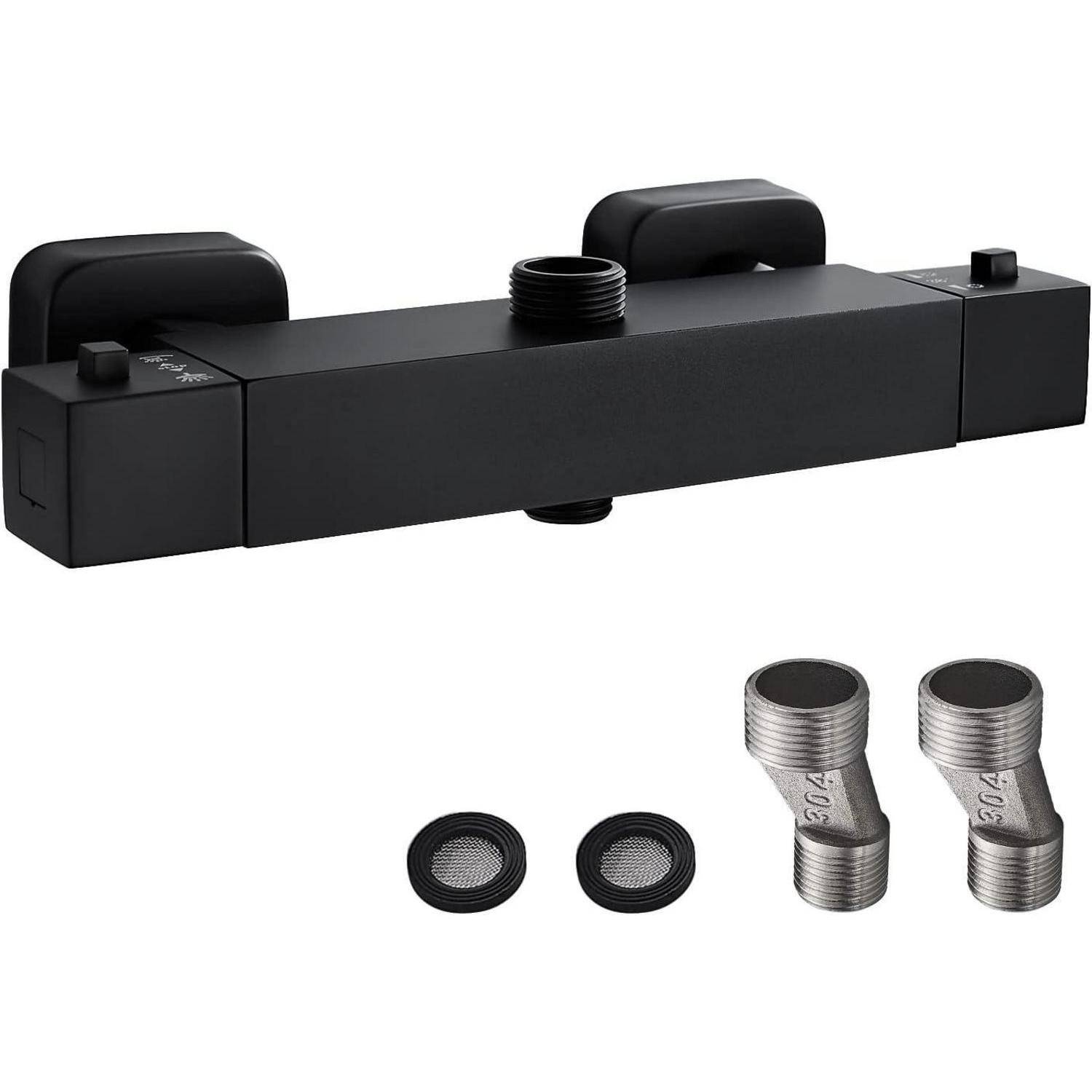 Schwarzer rechteckiger thermostatischer Duscharmatur mit zwei silbernen Anschlüssen und runden Unterlegscheiben darunter.