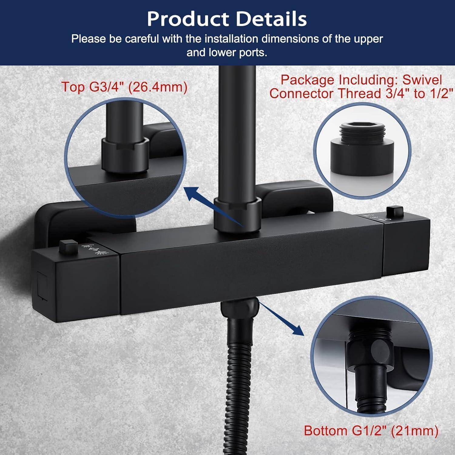 Schwarze Duscharmatur mit Schwenkverbinder-Gewindeanschlüssen. Oben: G3/4'' (26,4mm). Unten: G1/2'' (21mm). Lieferumfang umfasst diese Anschlüsse.