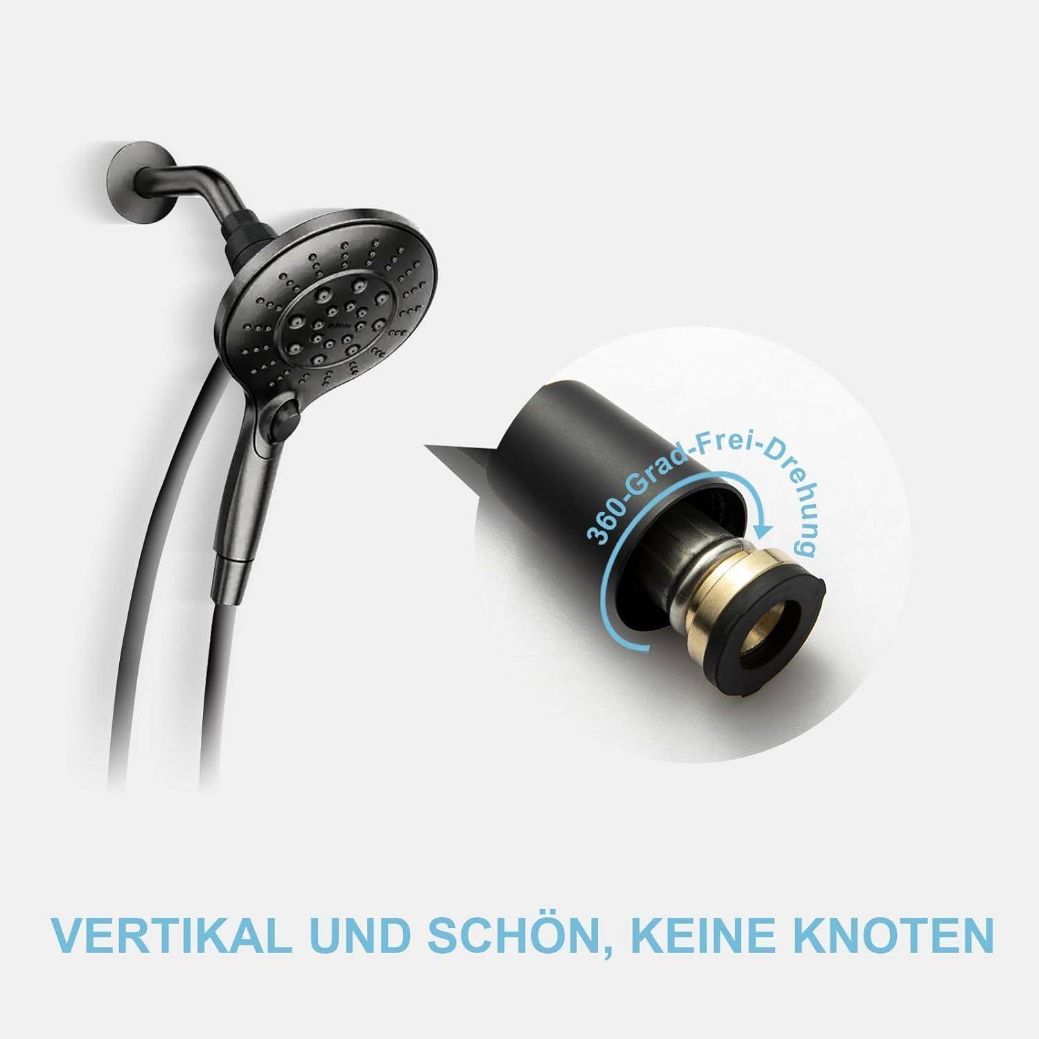 Ein Duschkopf mit verstellbarer Düse, die eine 360-Grad-Rotationsfunktion zeigt, in Nahaufnahme. Text darunter liest sich: 