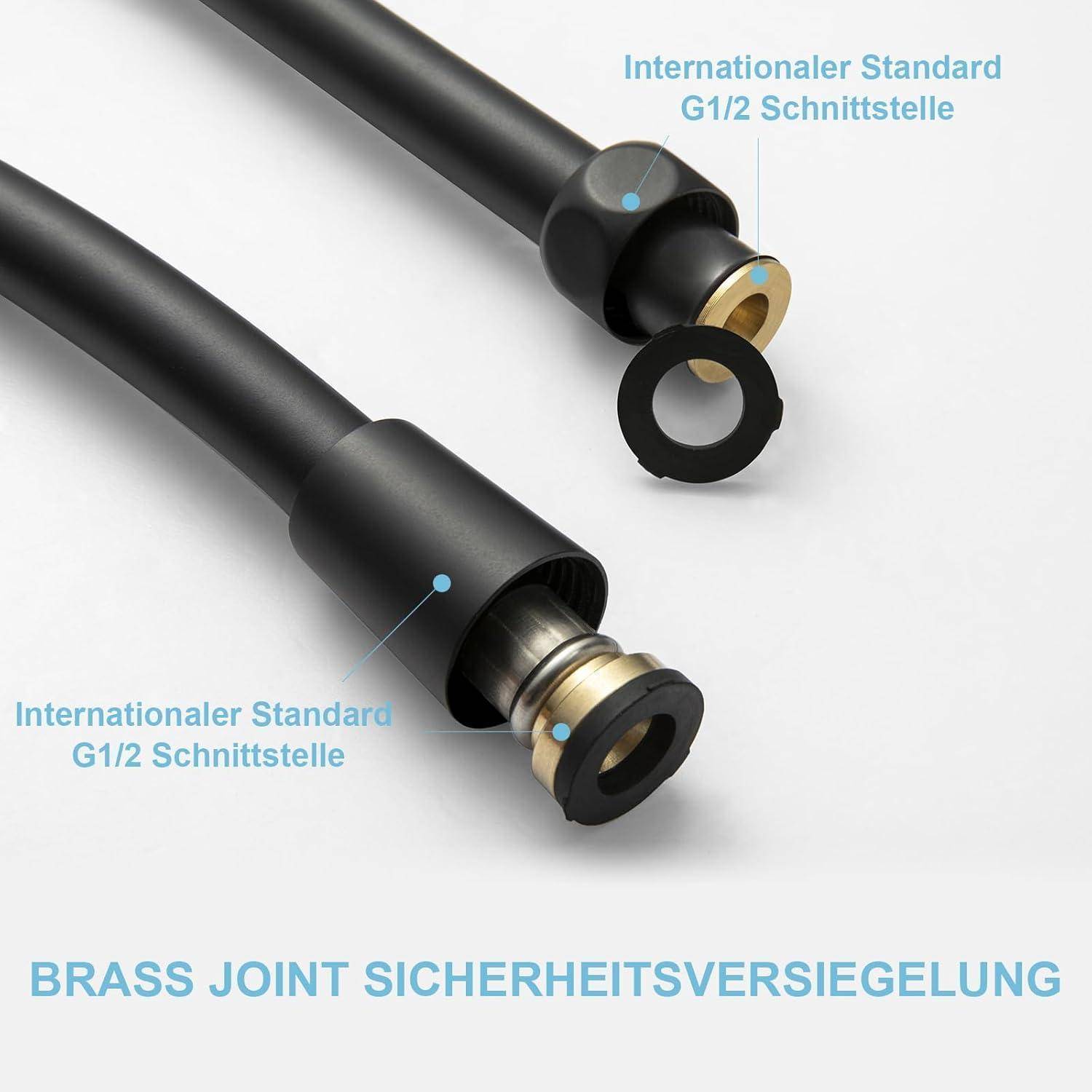 Zwei schwarze Messingfittings mit 'International Standard G1/2 Schnittstelle' Anschlüssen. Text: 'Messingverbindung Sicherheitsversiegelung'.
