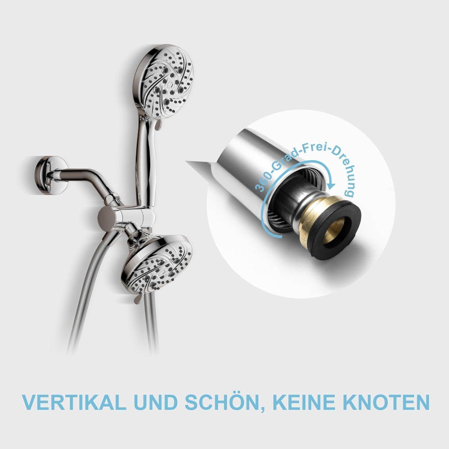 Ein Duschkopfsystem mit Chromfinish und knickfreier Schlauch, mit 360-Grad-Drehung. Text lautet: 'Vertikal und schön, keine Knoten.
