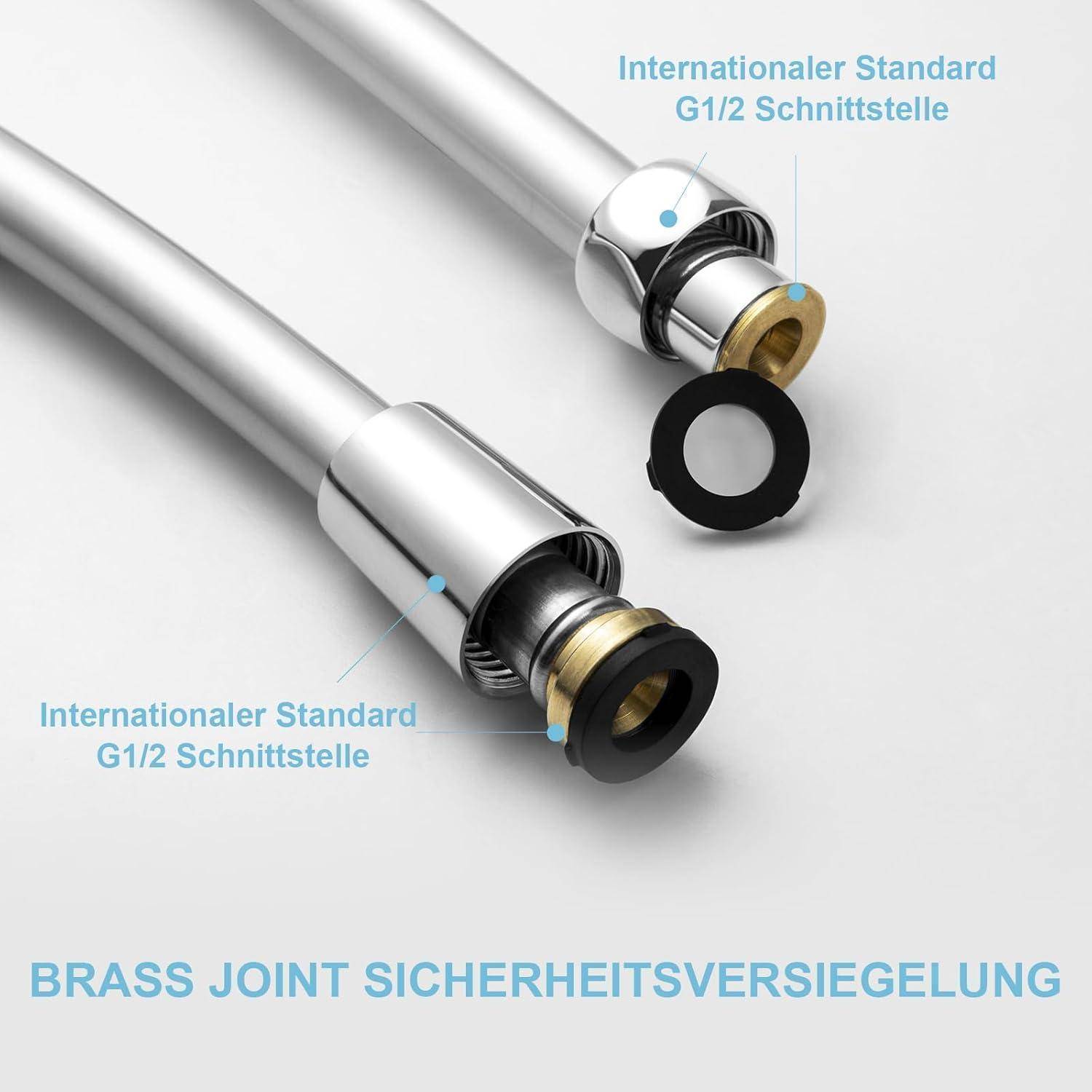 Zwei Metallschlauchverbinder mit der Bezeichnung 'Internationale Standardschnittstelle G1/2' und eine Gummidichtung. Text: 'Messingverbinder Sicherheitsversiegelung'.