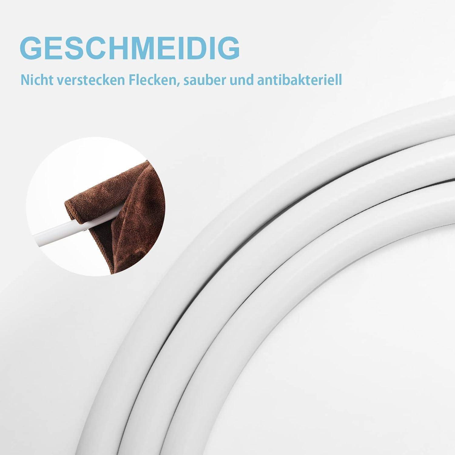 Rundförmige weiße Oberfläche, die mit einem braunen Tuch gereinigt wird. Deutscher Text lautet: „Glatte Oberfläche, sauber und antibakteriell