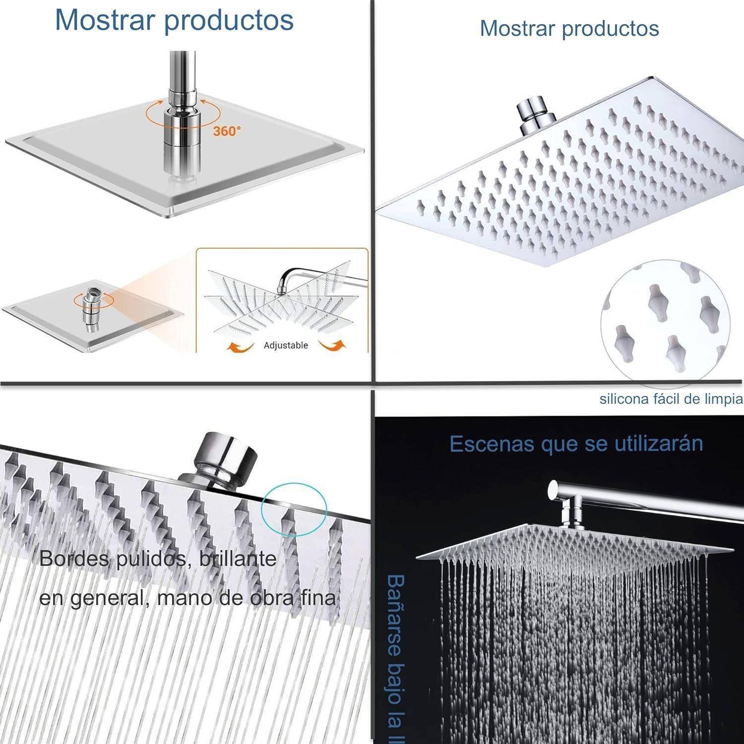 Vier Bilder zeigen einen Duschkopf: Demonstration des verstellbaren Winkels, Reinigungstipps aus Silikon, glänzend polierte Kanten und eine Installationsszene.