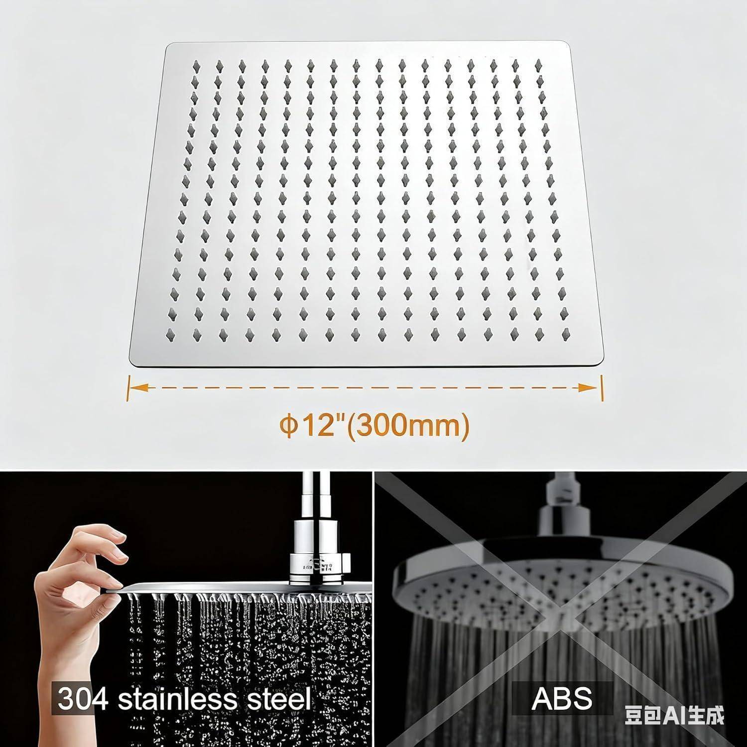 Quadratischer Duschkopf, 12 Zoll (300 mm), aus 304 Edelstahl. Bilder zeigen Wasserflusskontraste zwischen Edelstahl- und ABS-Modellen.