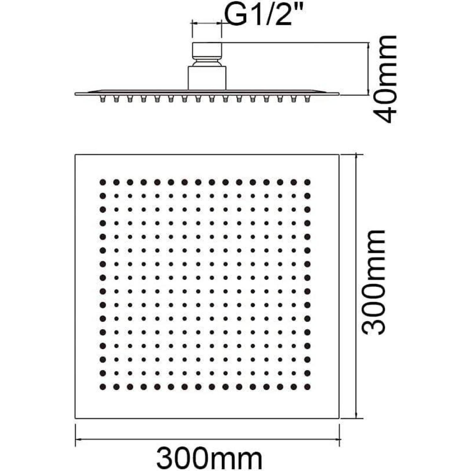 Diagramm eines quadratischen Duschkopfes, 300 mm x 300 mm, mit einer Höhe von 40 mm. Die Anschlussgröße ist mit G1/2