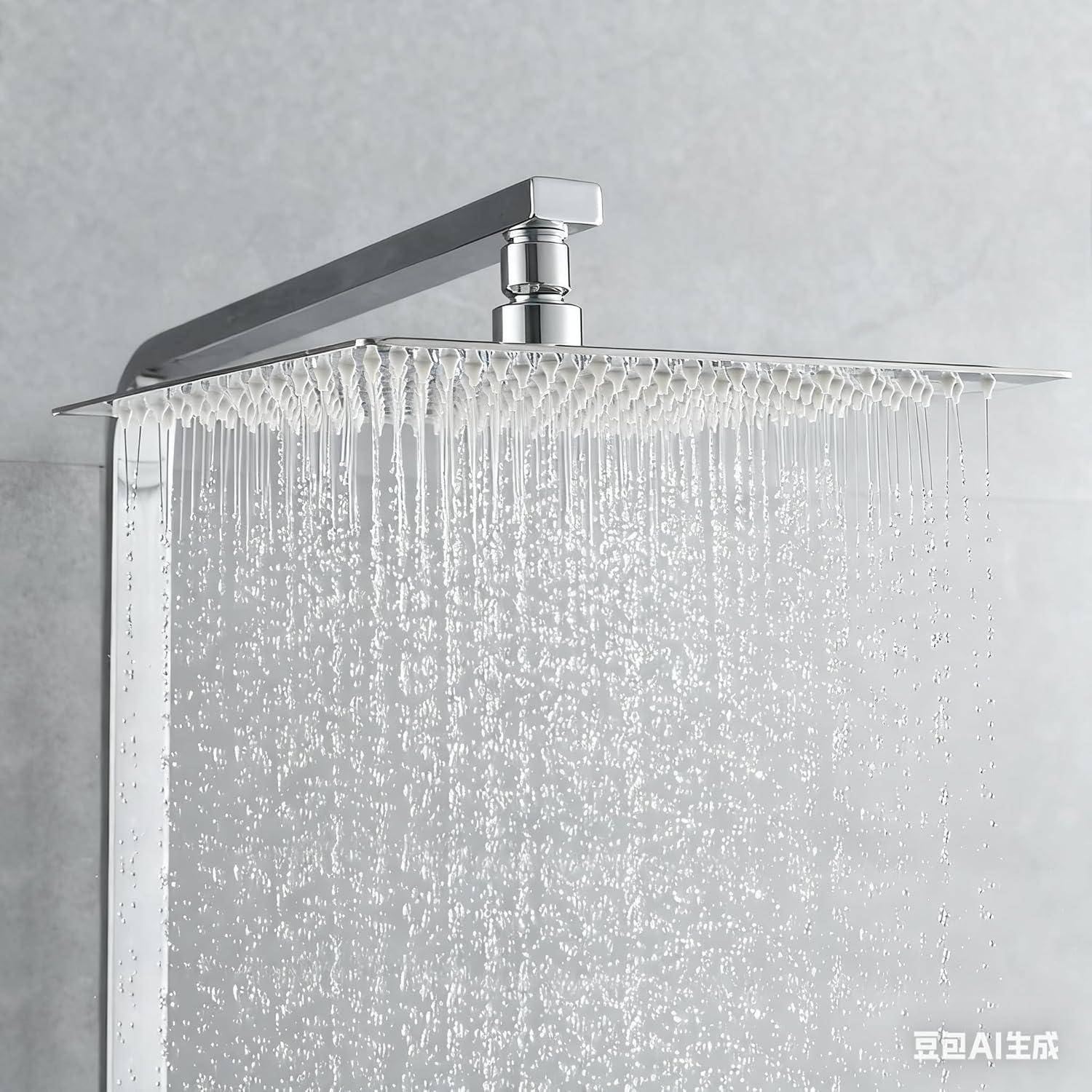 Ein moderner, quadratischer Duschkopf, der einen gleichmäßigen Wasserstrahl abgibt, vor einem neutralen Badezimmerhintergrund.