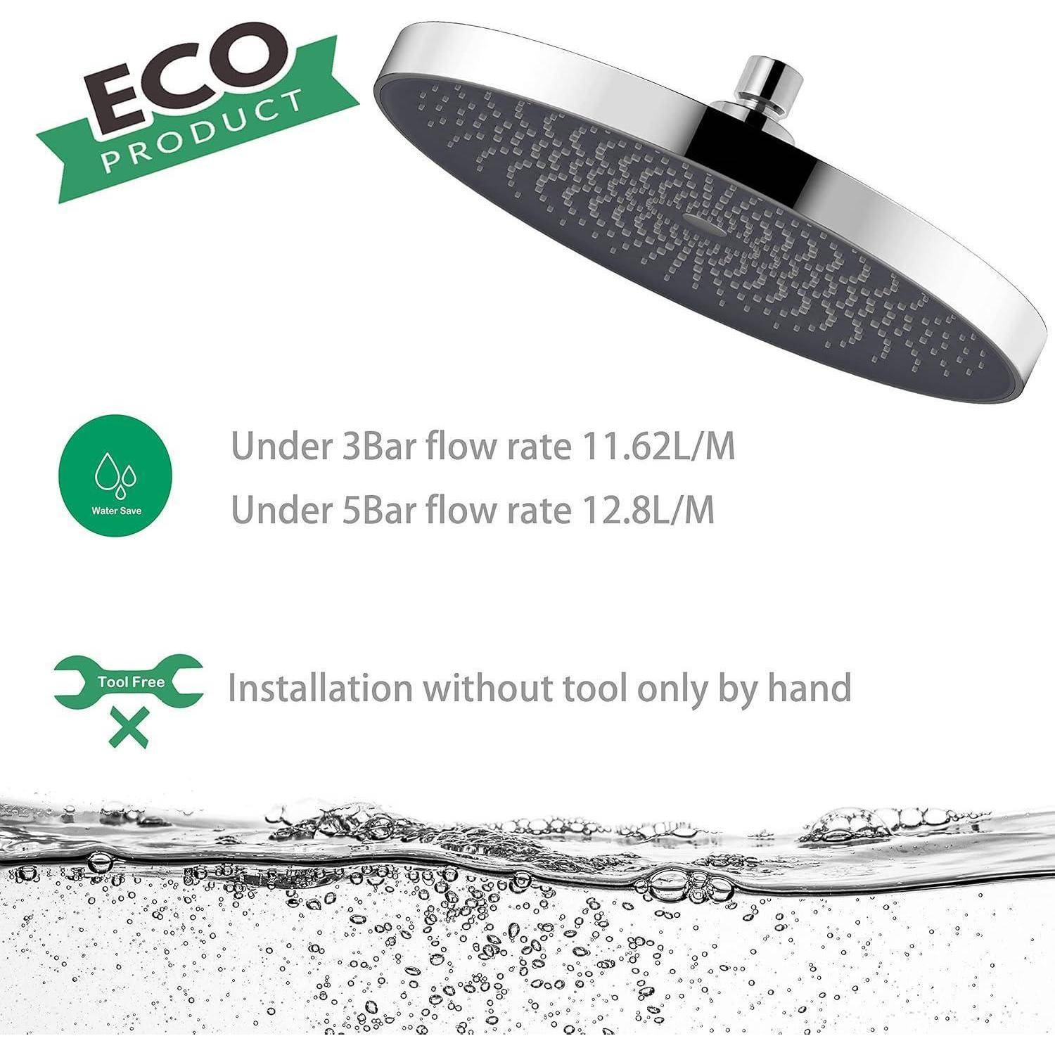 Duschbrause mit 'ECO PRODUCT' Etikett; Wasserverbrauch: unter 3 bar - 11,62 L/min, unter 5 bar - 12,8 L/min. Handmontage, keine Werkzeuge erforderlich.