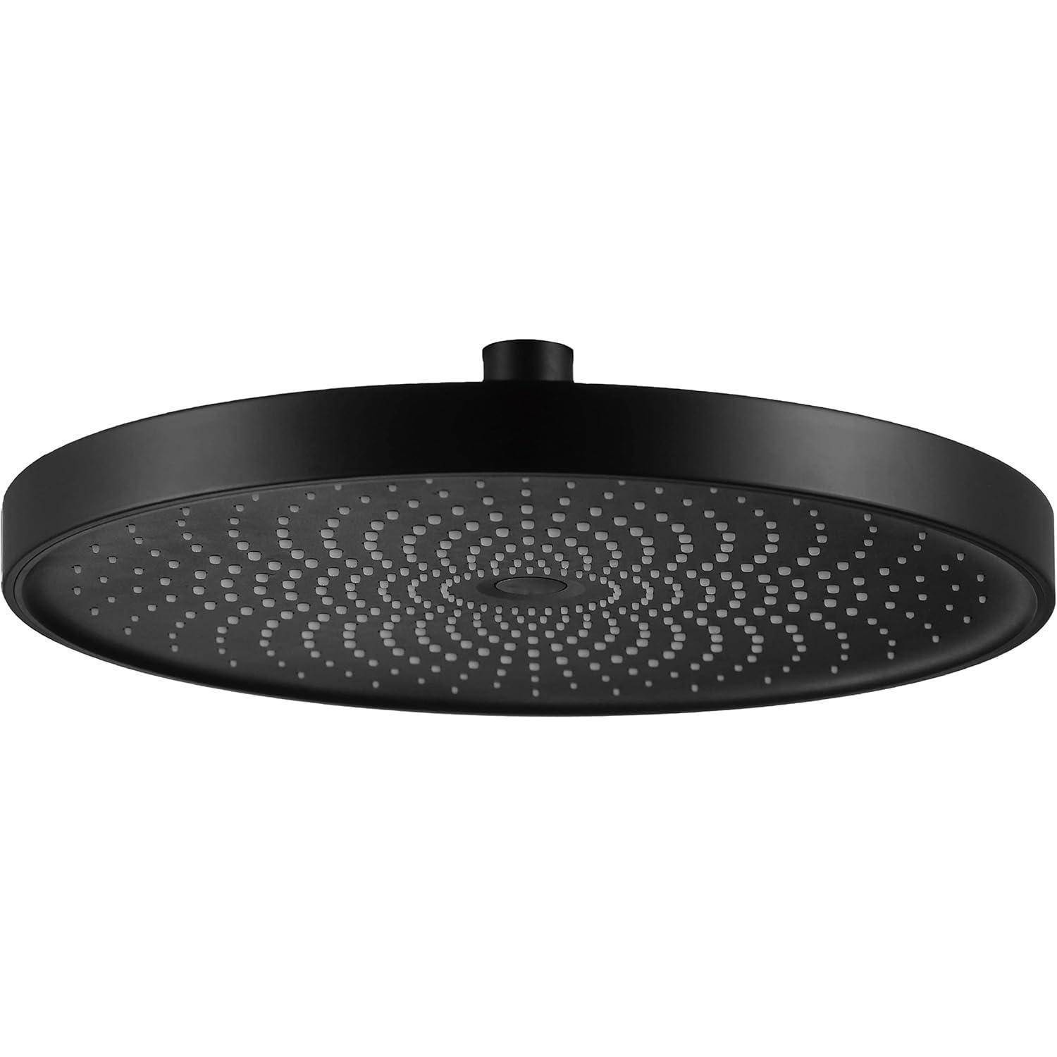 Ein schwarzer, runder Duschkopf mit zahlreichen kleinen Düsen, konzipiert für einen Wasserfluss von oben.