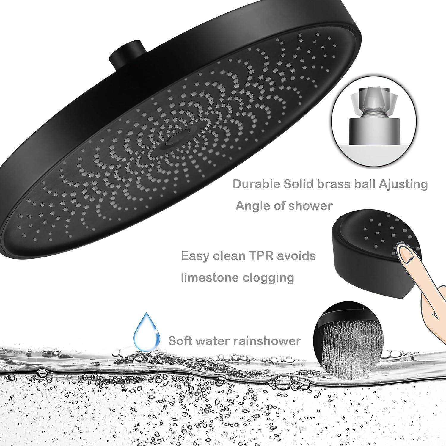 Runder schwarzer Duschkopf mit verstellbarem Winkel, leicht zu reinigendes TPR-Material, das Kalkablagerungen verhindert und eine weiche Wasserdusche wie Regen ermöglicht.