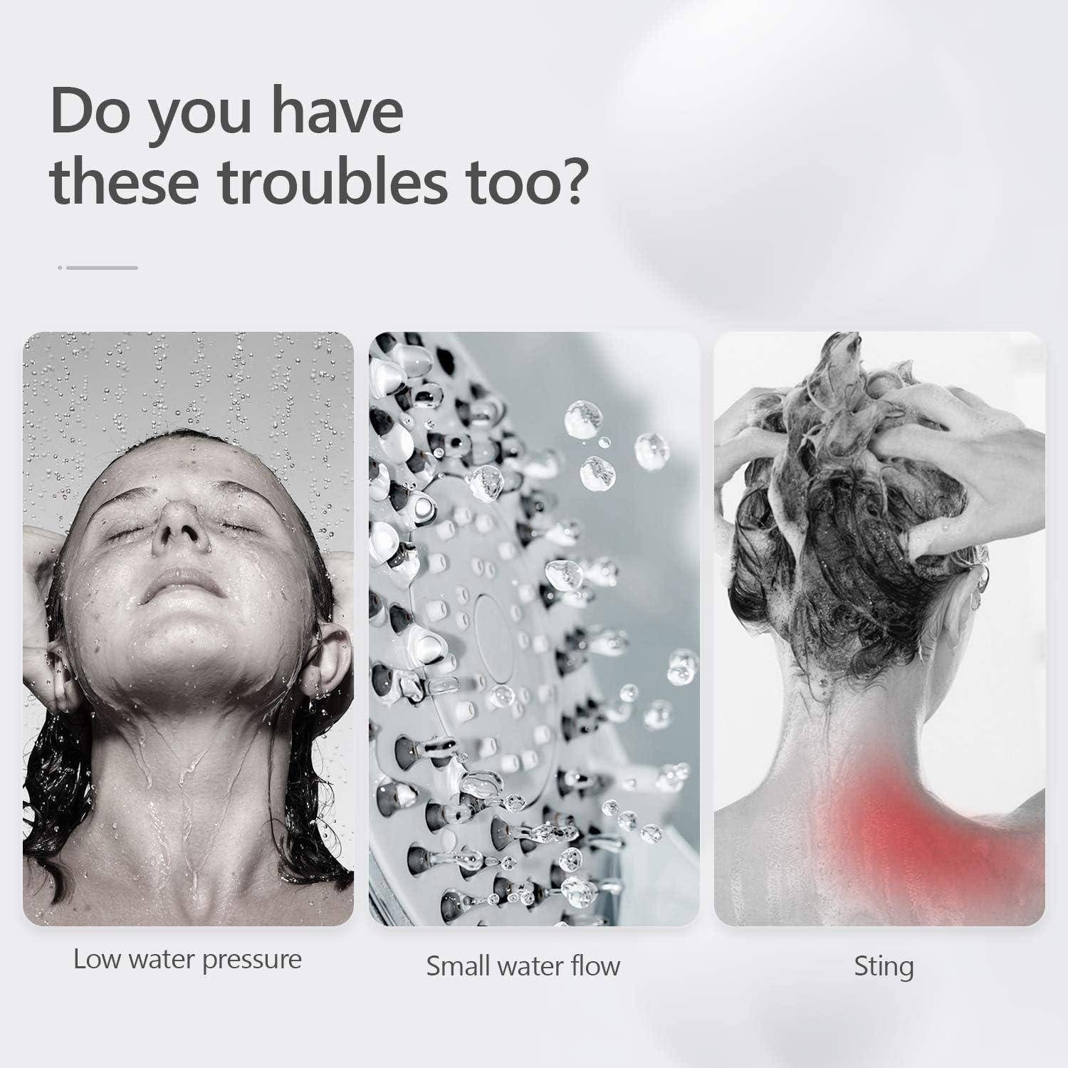 Drei Bilder zeigen: eine Person unter schwachem Wasserdruck; Wasser, das aus einer Duschbrause fließt; und eine Person mit geröteter, irritierter Haut am Hals. Text lautet: „Haben Sie diese Probleme auch?