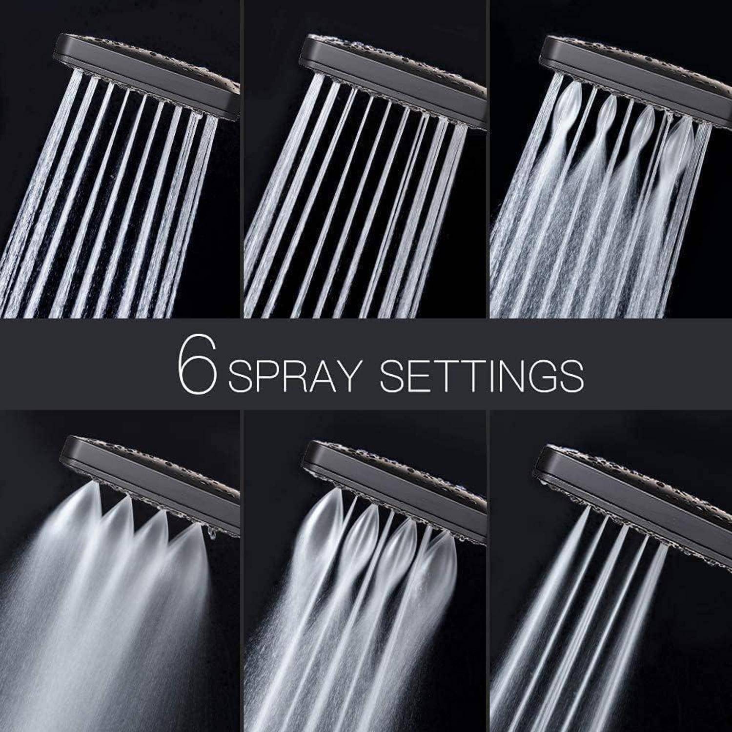 Bild zeigt sechs Duschkopf-Sprühmuster mit der Beschriftung 