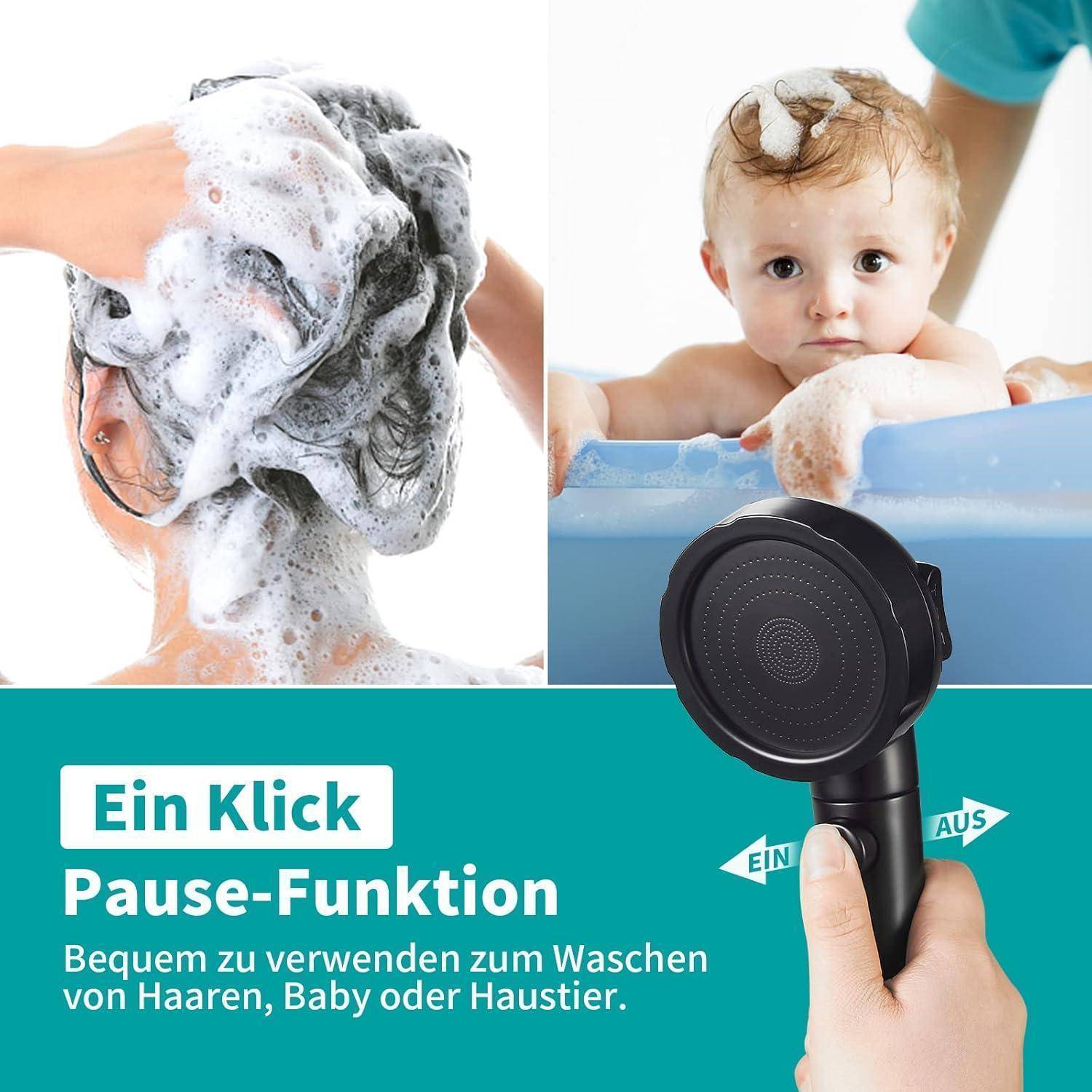 Eine Hand, die einen Duschkopf mit Pausenfunktion bedient, zeigt das Haarewaschen links und ein Baby in einer Badewanne rechts.